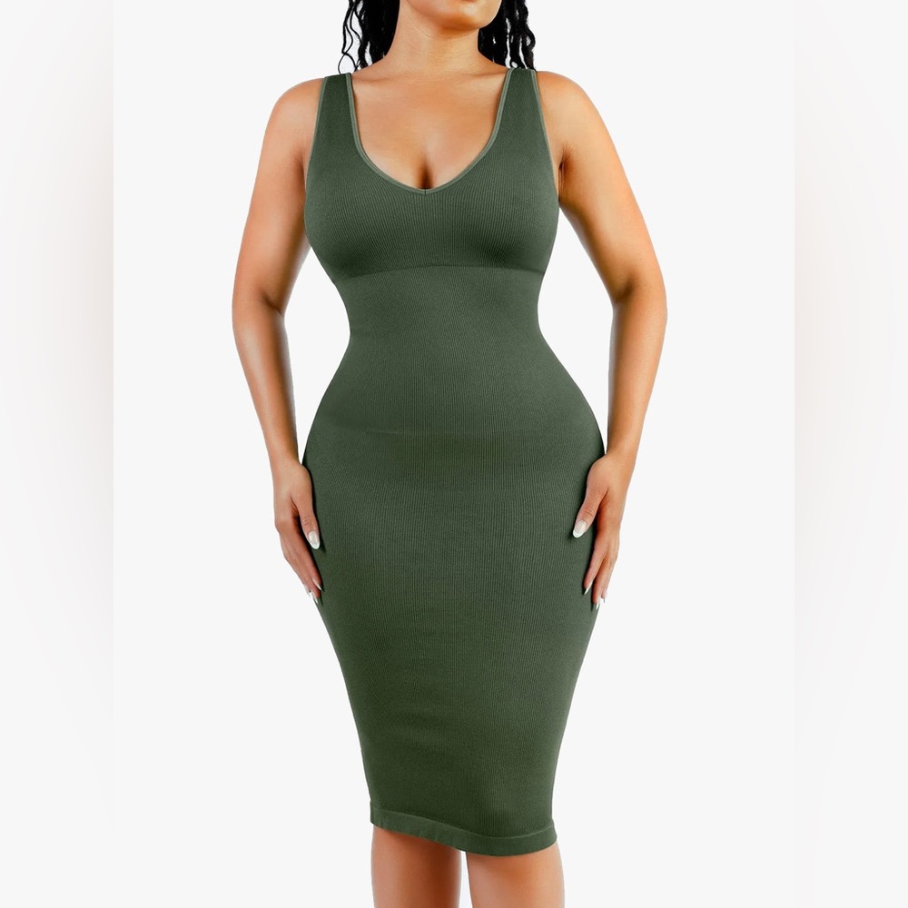 Popilush Shapewear Deep V-Neck Tummy Control Midi Dress
